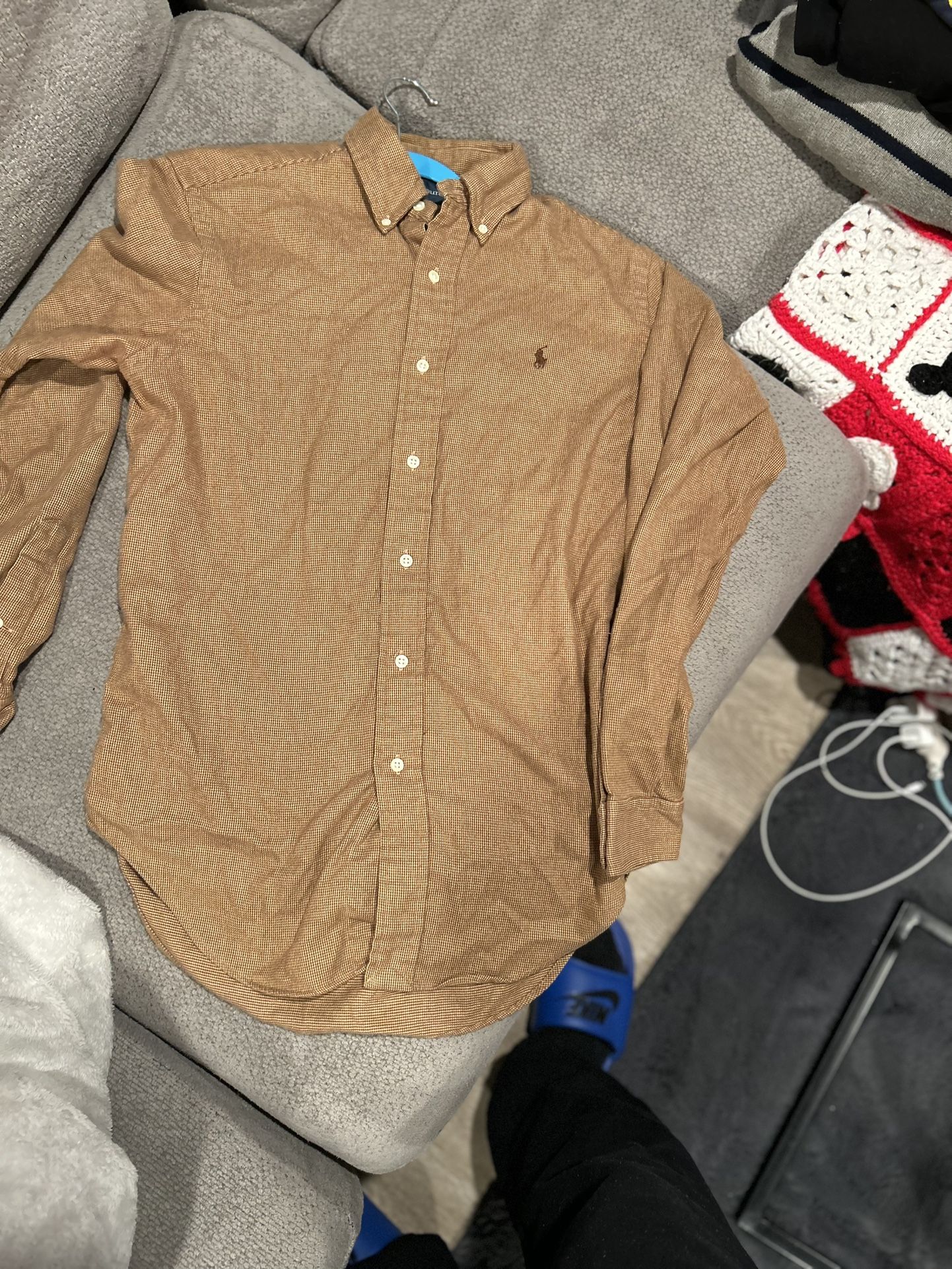 Polo Ralph Lauren Men's L Linen Classic Fit Tan Long Sleeve Button Down Shirt