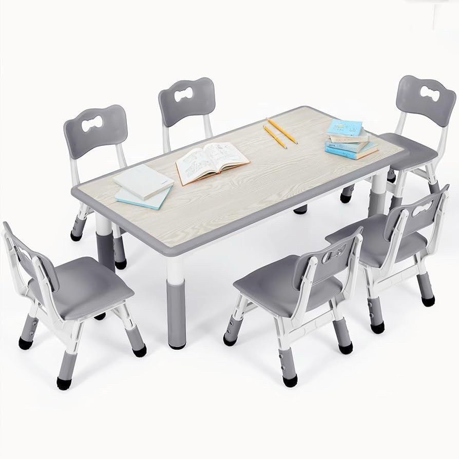 Kids Table and 6 Chairs Set, Height Adjustable Graffiti Desk, Preschool Activity Art Craft Table, for Daycare Classroom Home Boys and Girls Age 3-12 (