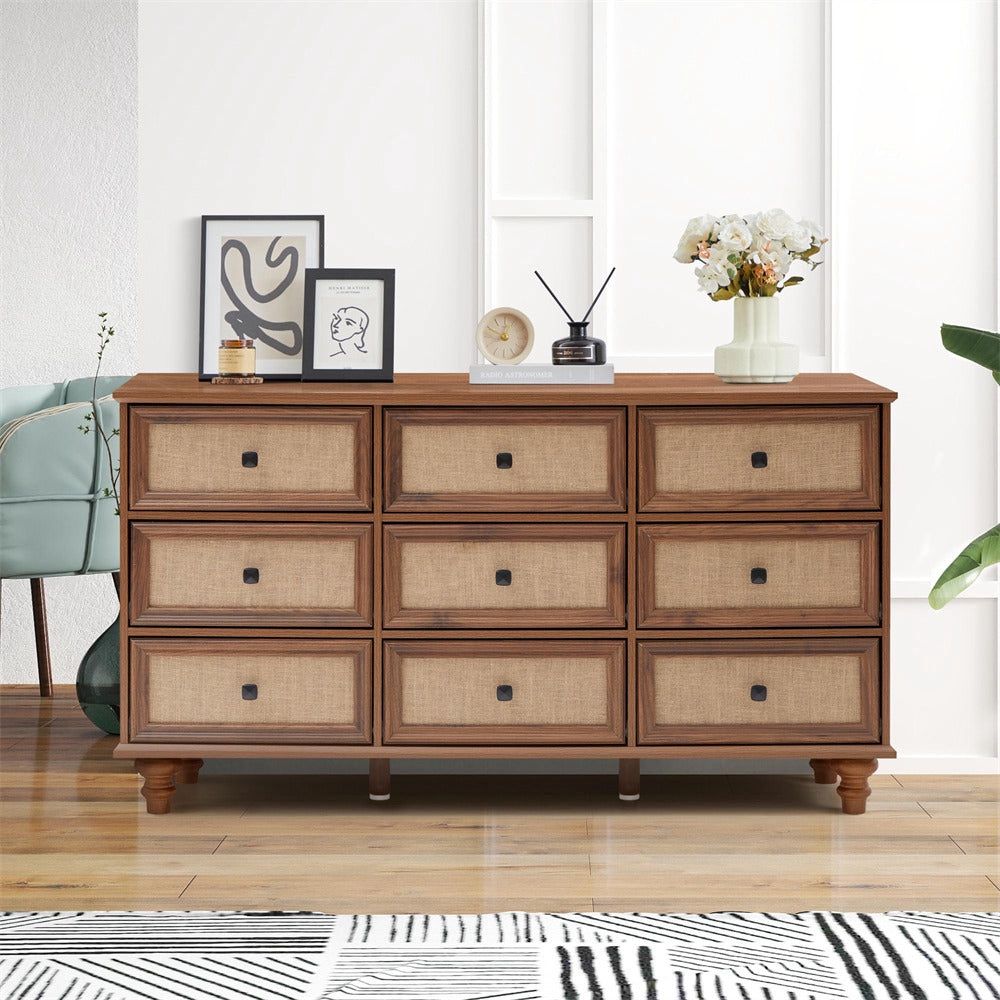 9 Drawer Dresser for Bedroom, Mid Century Modern Wide Wood Rustic Chest of Drawers Wooden Storage Organizer