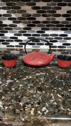 Red Cast Iron Teapot Set with Two Cups