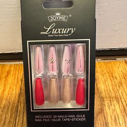 JOYME Luxury Press-On Nails Pink Red Gold Rhinestone Coffin Shape