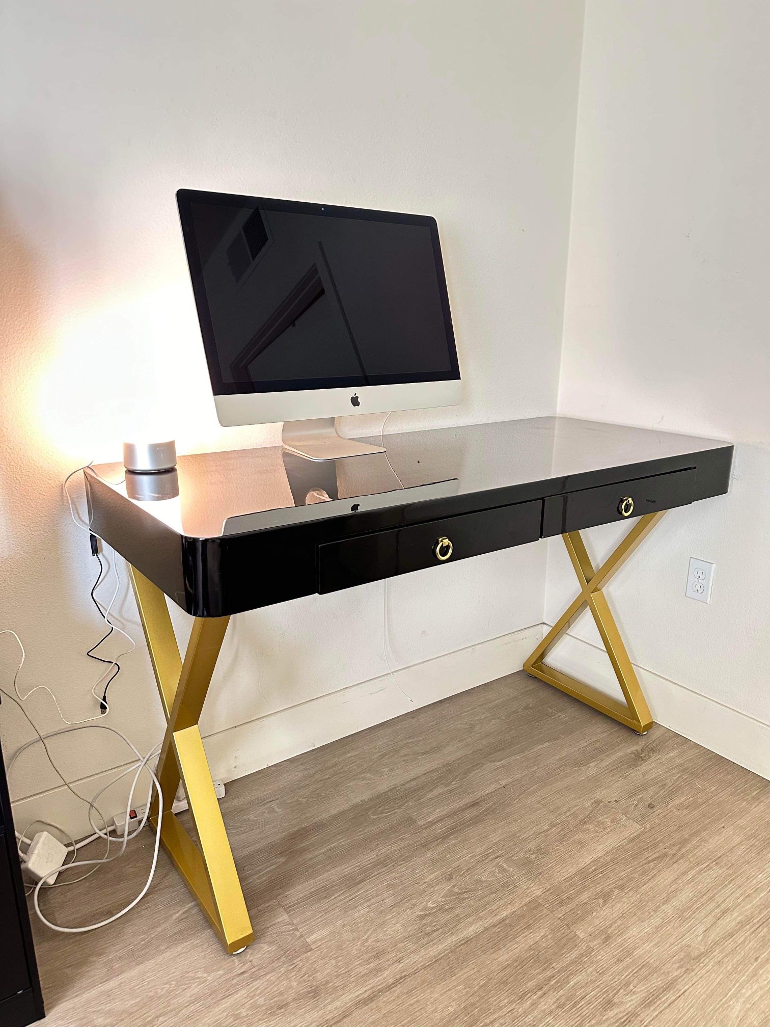 2-Drawers Black Office Desk 55" L x 24” wx33”H modern Writing Desk Gold legs ( used)