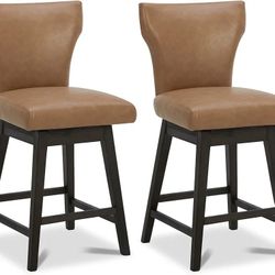 Swivel Barstools with Back and Solid Wood Legs Counter Height Bar Stool for Kitchen Island, Set of 2,Brown