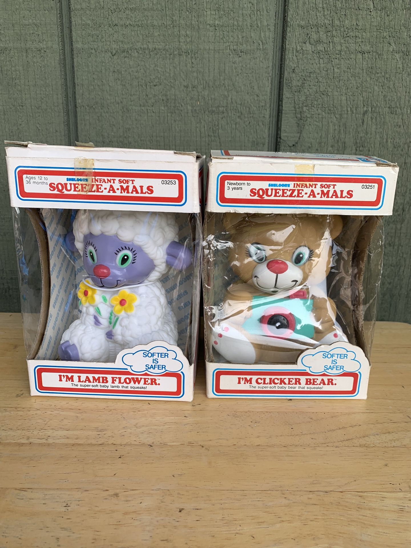 Vintage 1985 Shelcore Squeeze-a-Mals Rubber Squeaky Baby Lamb & Clicker Bear