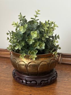 Brass Planter Bowl with Carved Wood Stand
