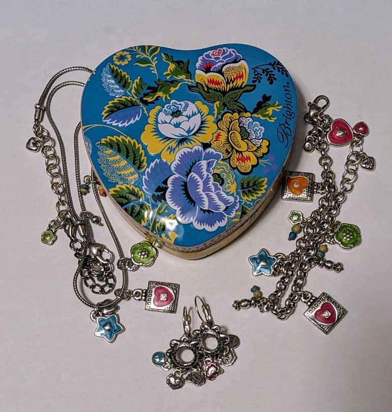 Brighton Jewelry Set Necklace Bracelet Earrings Includes Heart Shaped Tin 
