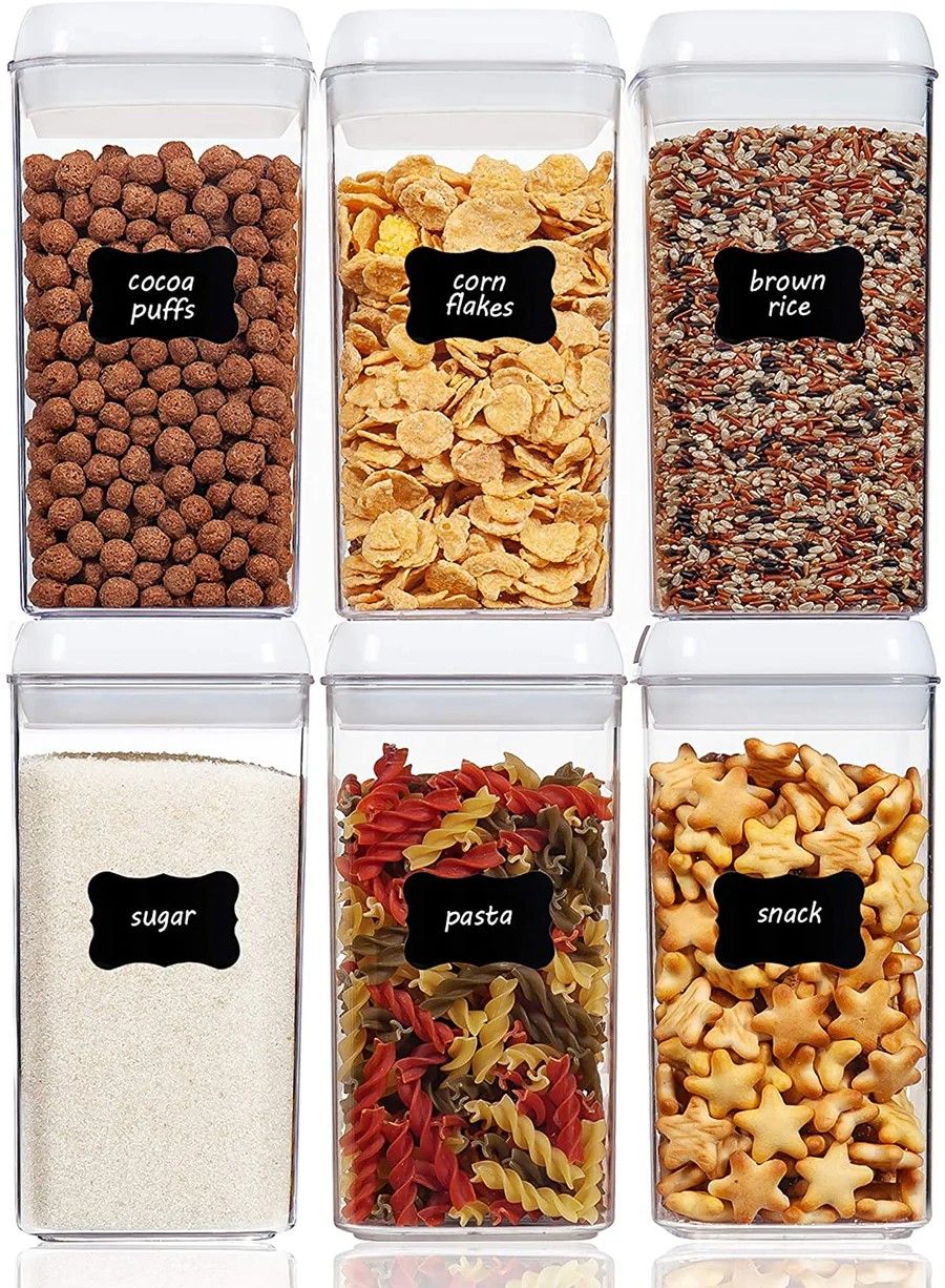 6 BPA-Free Airtight Food Storage 1.2 L Canisters with Easy-Lock Lids & 24 Labels (White Lids)