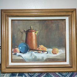 Original Mary Kraus Oil Painting "Blue Ladle" - Colorado Listed Artist - 25x21" Framed