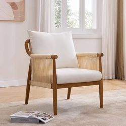 Braid Accent Chair for Living Room Bedroom Reading Room, Rattan Modern Boho Armchair with Solid Wooden Armrest & Frame and Cushions, Cream