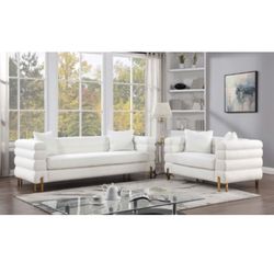 Sofa Love Seat Set Ivory And Gold Boucle Fabric Pillows Included Brand New In Box Firm Price $999