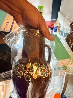 Vintage Style Brown Ceramic Floral Pitcher / Vase