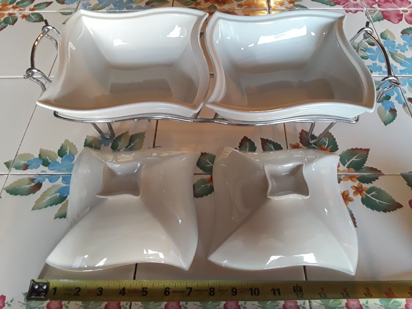 SIENA GODINGER Porcelain China Dual Servers with Rack and Lids (Good Condition)