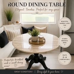 Round Marble-Look Pedestal Dining Table – Seats 2-4
