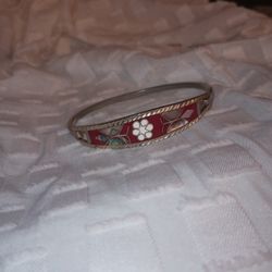 Mother Of Pearl Red Inlay Bengal Style Silver Bracelet