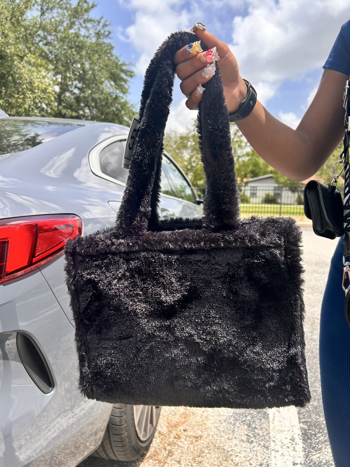 Black Furry Hand Bag