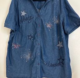 VTG Patched & Appliquéd Dark 4 Of July Blue Jeans Denim Loose Button Up Shirt - Size 2X