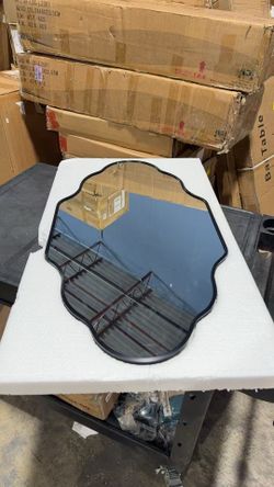 Black Scalloped Mirror for Bathroom, Irregular Vanity Wall Mirror 20" x 36" with Metal Frame, Ornate Decorative Wall Mirror for Living Room, Bedroom, 
