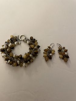 Vintage Whitney Kelly Sterling Silver Pearl & Multi Gemstone Cha Cha Toggle Bracelet & Earrings