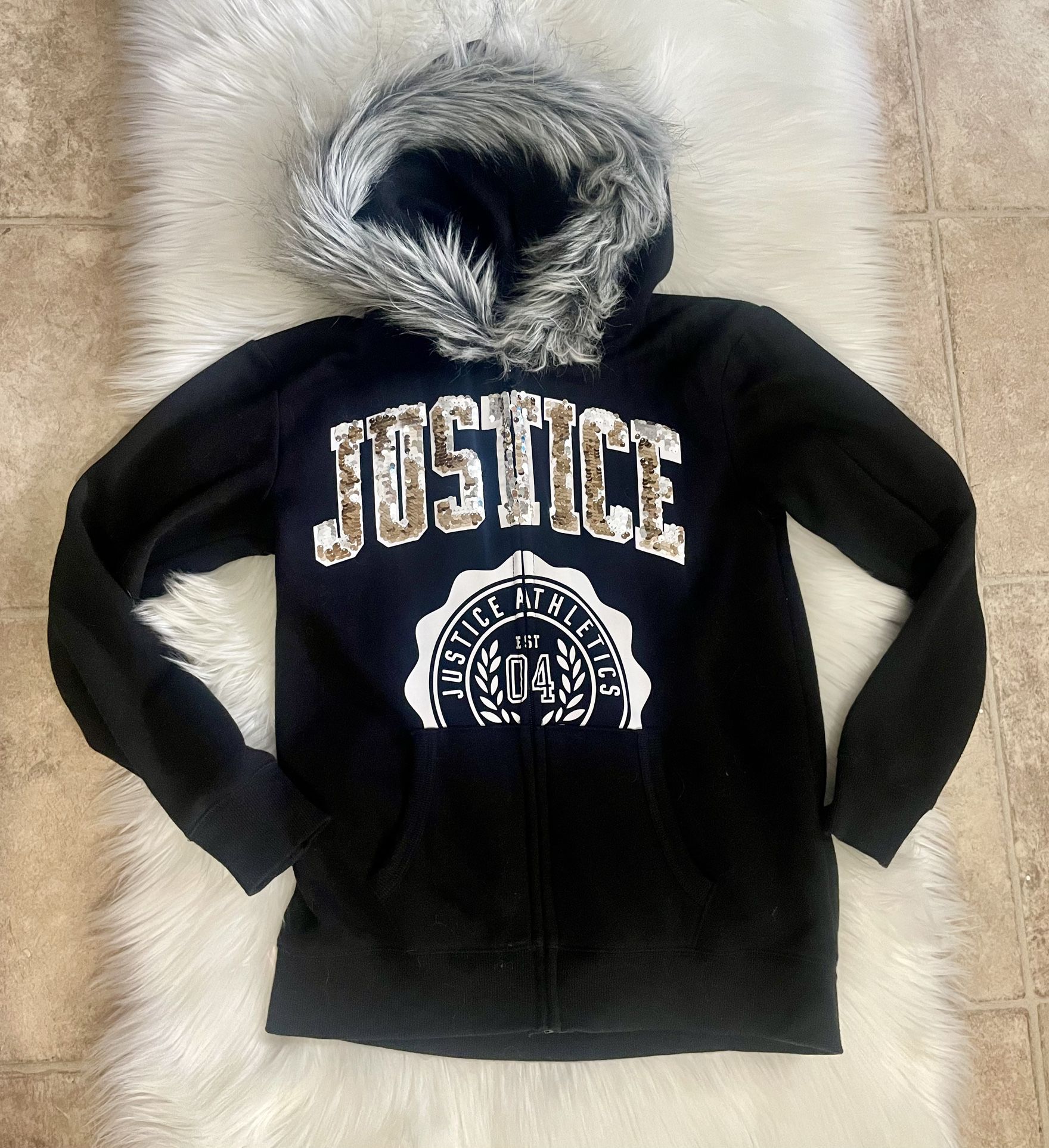 Justice Girls Tween Faux Fur Black Zip Hoodie 14/16