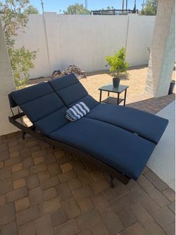 2 Outdoor Sunbrella Chaise Lounge Chairs with Blue Cushions