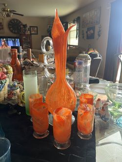 Blown Splatter Glass Wine Pitcher And 5 Glasses