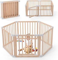 Foldable Wooden Playpen, Large Baby Play Yard with Locking Gate for Babies and Toddler 1-3 Year, Portable Playpen for Activity Center Indoor Outdoor(W