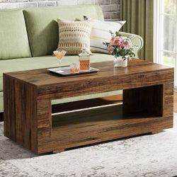 43" Farmhouse Coffee Table with Storage - Rustic Wooden Center Table with Spacious Drawer and Open Shelf, Living Room Accent Table, Durable & Stylish