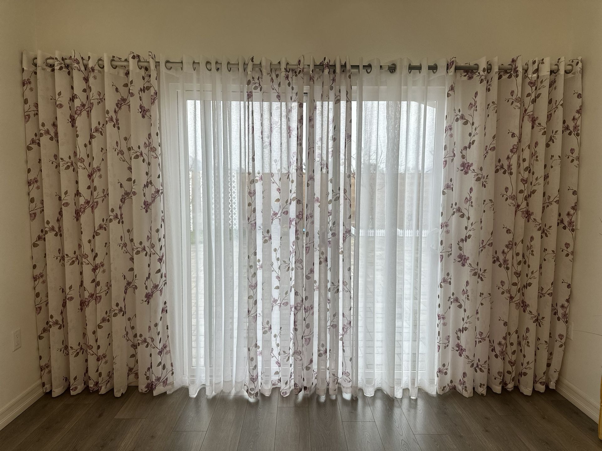 purple floral sheer curtains and white sheer curtain