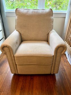 Power Recliner Chair - Beige Upholstered Accent Chair with Nailhead Trim