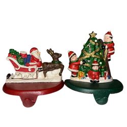 Christmas Stocking CAST IRON Hanger SET Santa Sleigh Rudolf Tree Decorating 4"