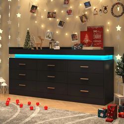 9 Drawer Dresser with LED Light, Modern Chest of Drawers for Closet, Wide Drawer Organizer Cabinet for Bedroom, Living Room, Entryway, Hallway(9 Drawe
