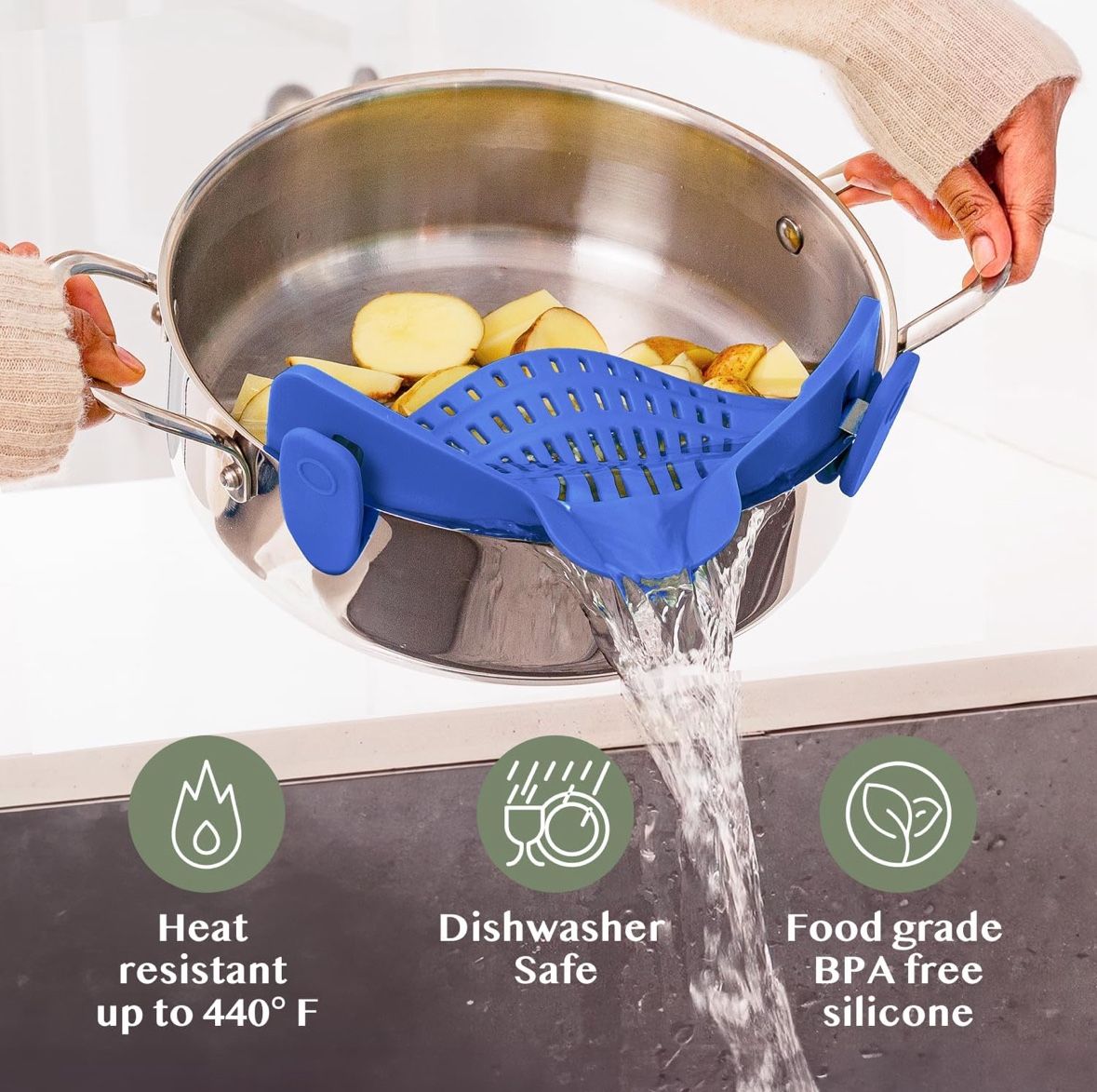 Kitchen Gizmo Snap N' Strain - Silicone Clip-On Strainer for Pots, Pans, and Bowls - Heat-Resistant Kitchen Gadgets, Essential Colander Drainer for Ve