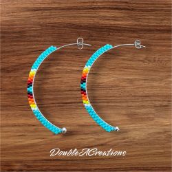 Turquoise With Native Colors Beaded Half Hoops, New, Handmade By Me