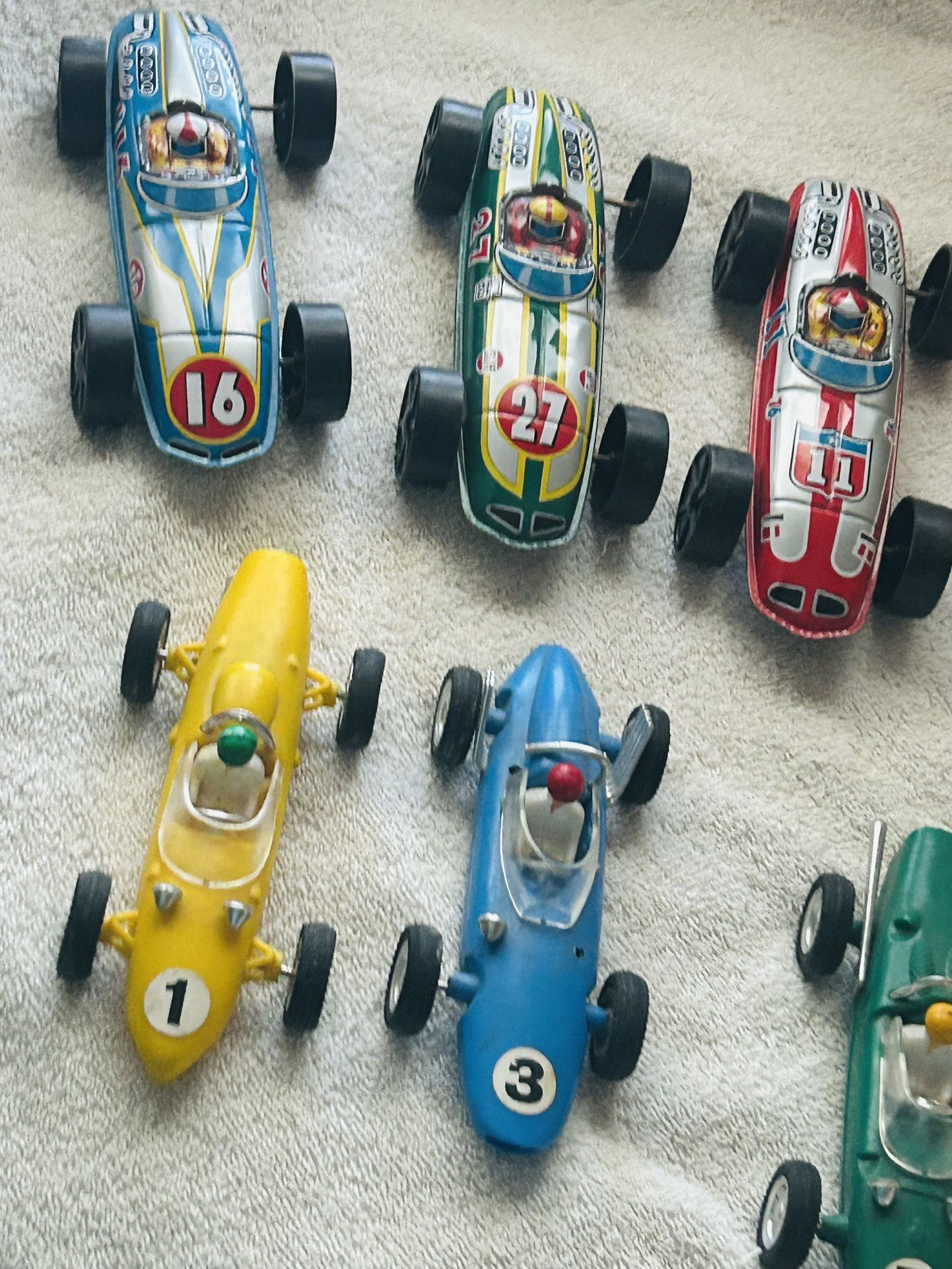 Vintage Metal And Plastic Racing Cars With Men’s Inside 6 And 7 Inches Long