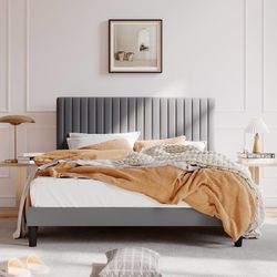 C350 $105 Queen Upholstered Platform Bed Frame with Vertical Channel Tufted Velvet Fabric Adjustable Headboard, Wooden Slats Support, Mattress Founda