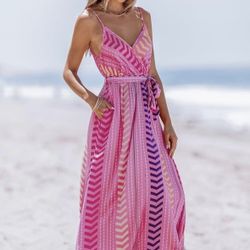 CUPSHE Women's Summer Dress – V-Neck, Belted, Sleeveless, Floral, Casual Vacation Maxi Beach Dress