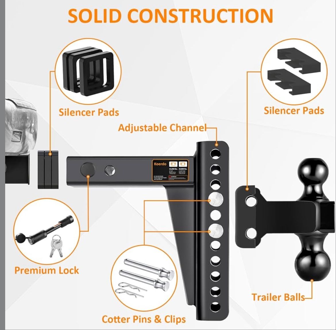 Adjustable Trailer Hitch -Drop Hitch-Tow Hitch FITS 2.5 inch Receiver-8”inch Drop/Rise, 2" & 2-5/16"
