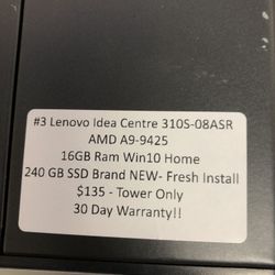 #3 Lenovo Idea Centre 310S-08ASR AMD A9-9425 16gb Ram Win10 Home 240gb Ssd Brand NEW- Fresh Install