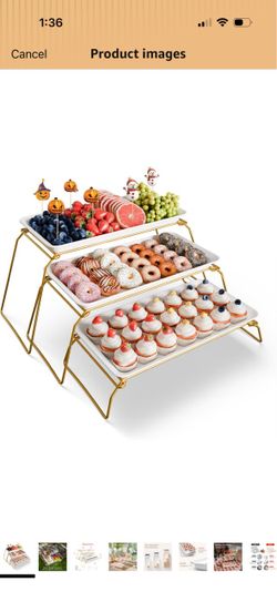 Large 3-Tier Melamine Serving Tray Set, 17 x 8.7 in, Gold Stand Melamine Reusable Platters with Metal Display Stand for Cupcakes, Desserts, Fruit, Coo