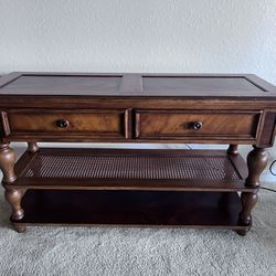 Brown All Wood Table With Two Drawers