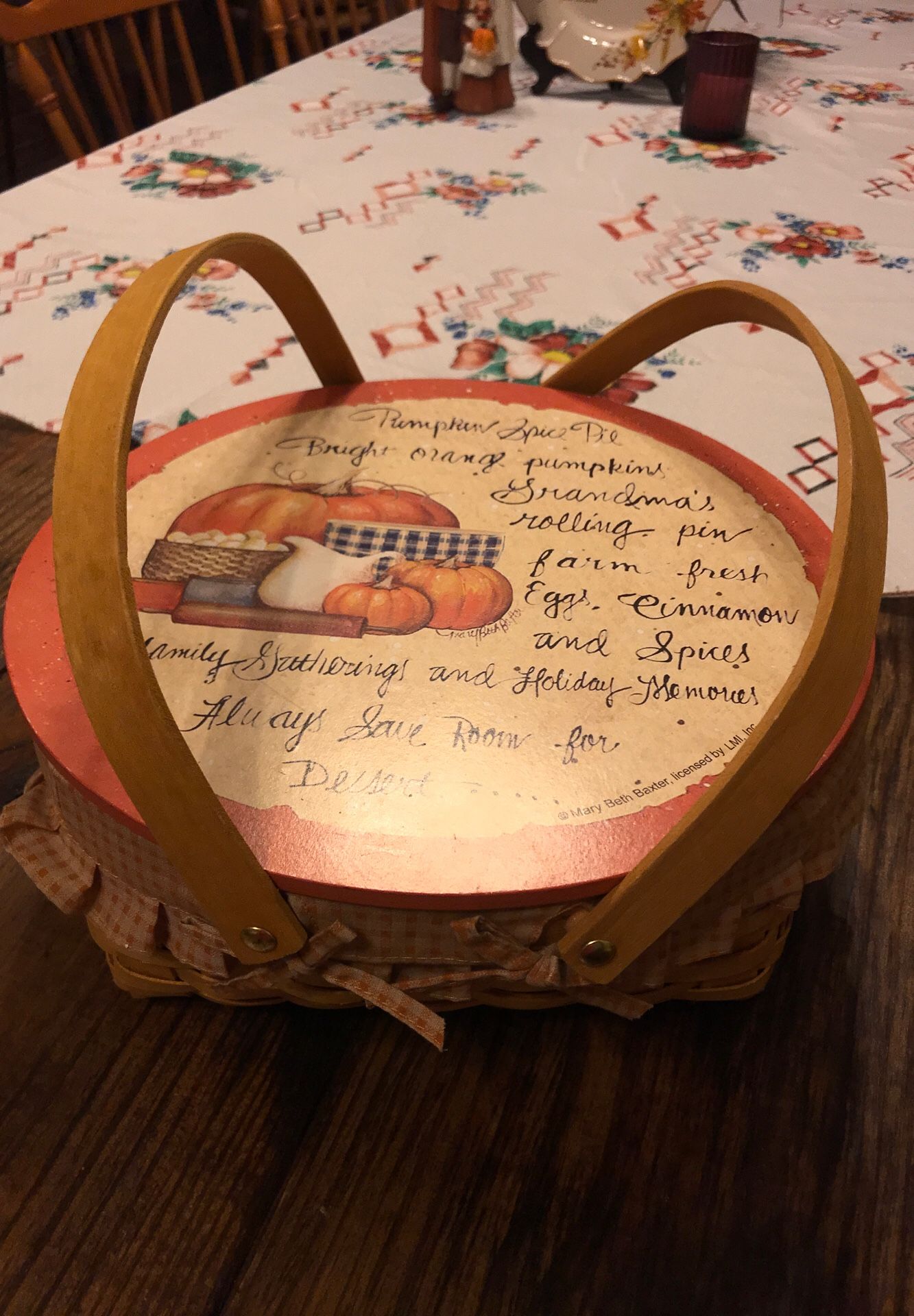 Mary Beth Baxter Thanksgiving grandma pumpkin pie basket with handles