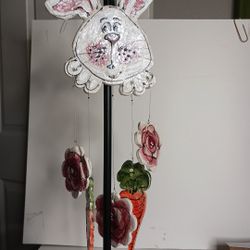 Handmade Wind Chime Folk Art Style Bunny Hand-painted Glazed Clay Double Sided 