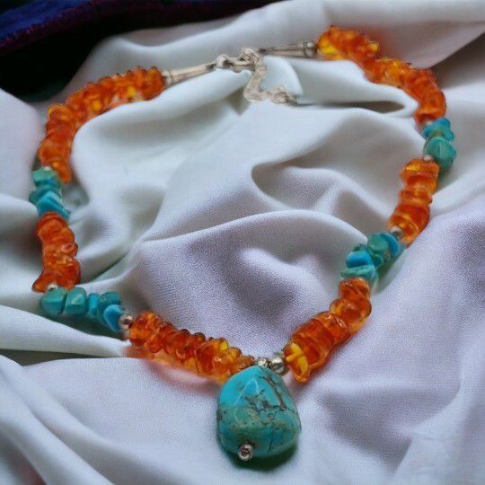 Sterling turquoise and amber necklace 