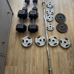 Gym Standard Plates And Barbell And Dumbbells 