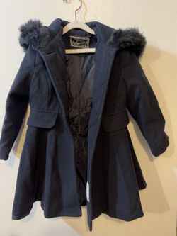 Rothschild Girls Navy Blue Wool-Blend Coat with Faux Fur Hood – Size 3T