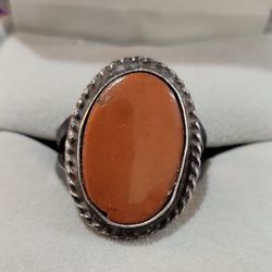 Coral /Silver Carbochon Ring