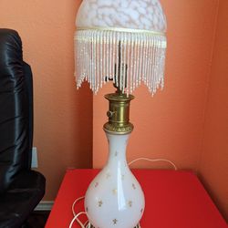 Vintage Lamp And Retro Frosted Glass Shade With Beads And Droplets