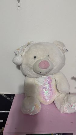 White sequin teddy bear plush with hat