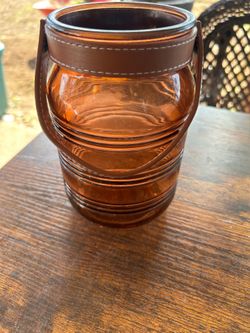 Amber glass jar lantern with leather strap handle. Read description 1st