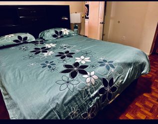 🩷Floral Comforter & 2 pillow Cover in a teal Color, featuring a printed botanical pattern of black & White Flowers🩷